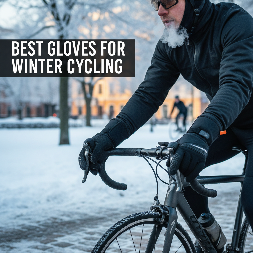 alt_text: Cyclist riding in winter, showcasing insulated, durable cycling gloves against a snowy, frosty backdrop.