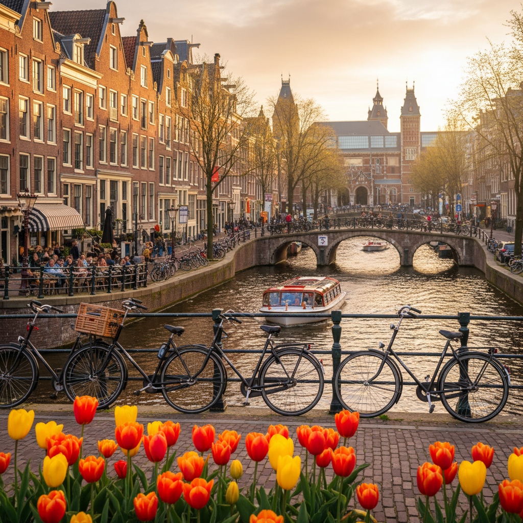 alt_text Amsterdam’s canals, bikes, tulips, cafes, canal boat, and famous museum create a lively city scene.