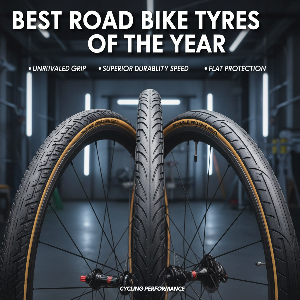 Best road bike tyres of the year: detailed, premium tyres shown with features like grip and speed.
