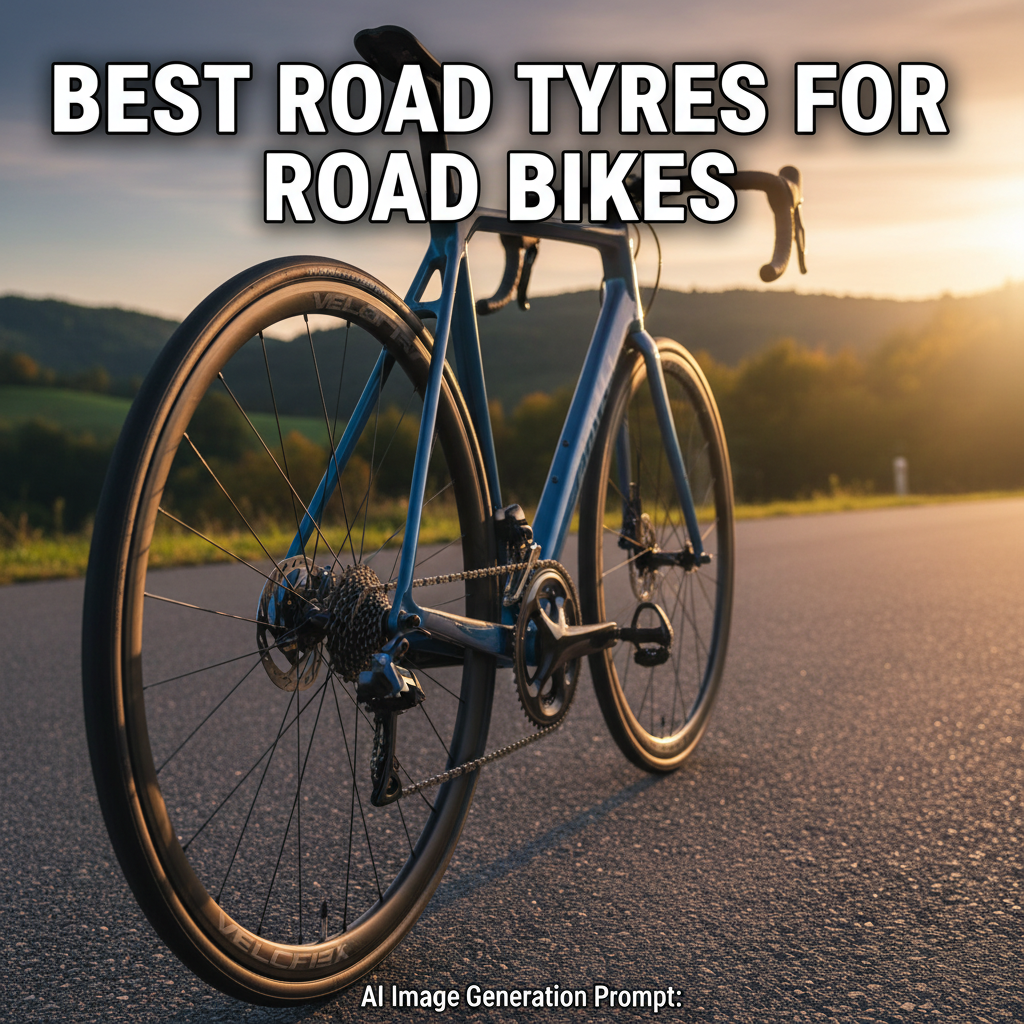 Modern road bike on smooth road at sunset, highlighting high-quality tyres and bold article title overlay.