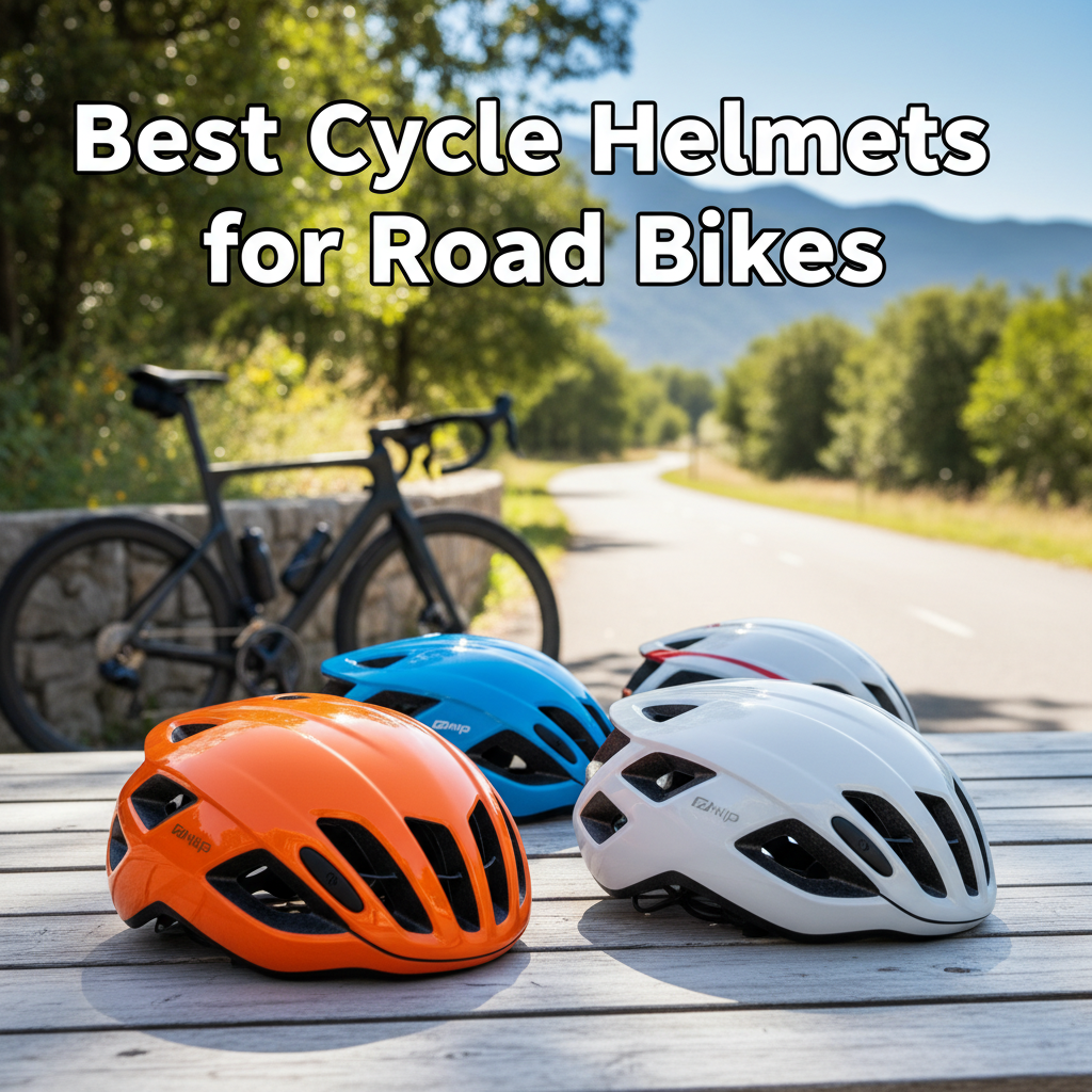 Best Cycle Helmets for Road Bikes—modern helmets in bright colors, bike and trail in the background.