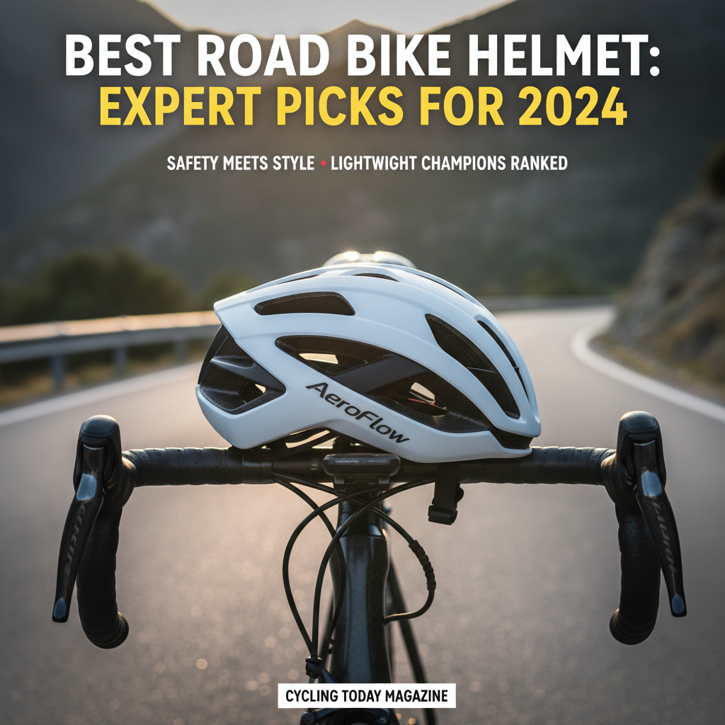 Close-up of a sleek road bike helmet on handlebars, scenic mountain road, and bold expert helmet picks.