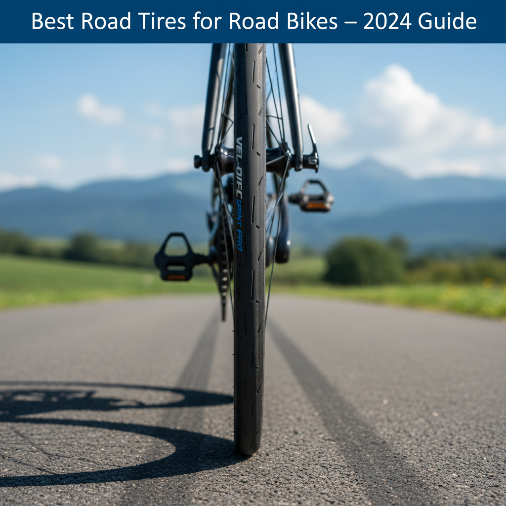 Close-up of a premium road bike tire on smooth asphalt, scenic background, "2024 Guide" text overlay.