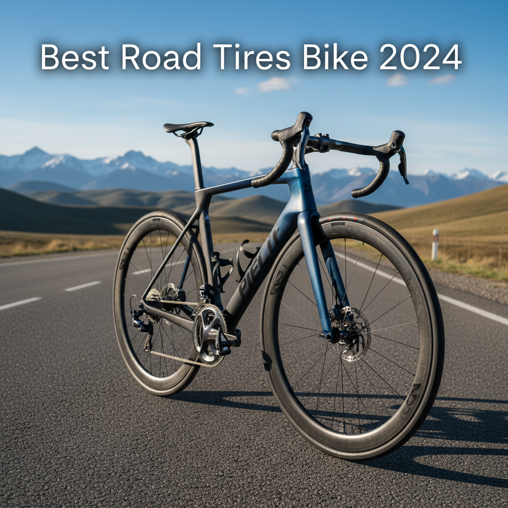 Best Road Tires Bike 2024 cover with a pro road bike on asphalt, scenic road, and mountain backdrop.