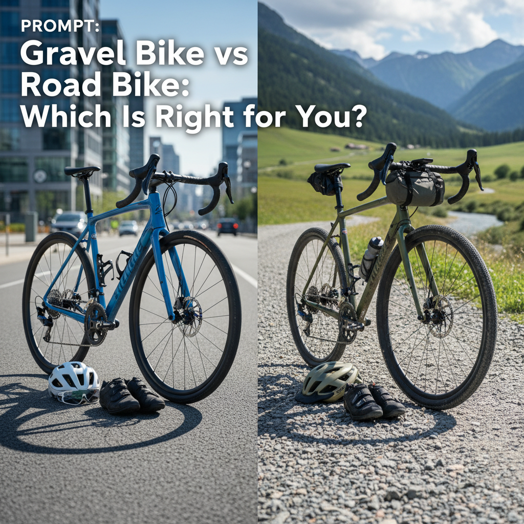 Gravel vs Road Bike: side-by-side comparison on city street and countryside path with cycling gear.