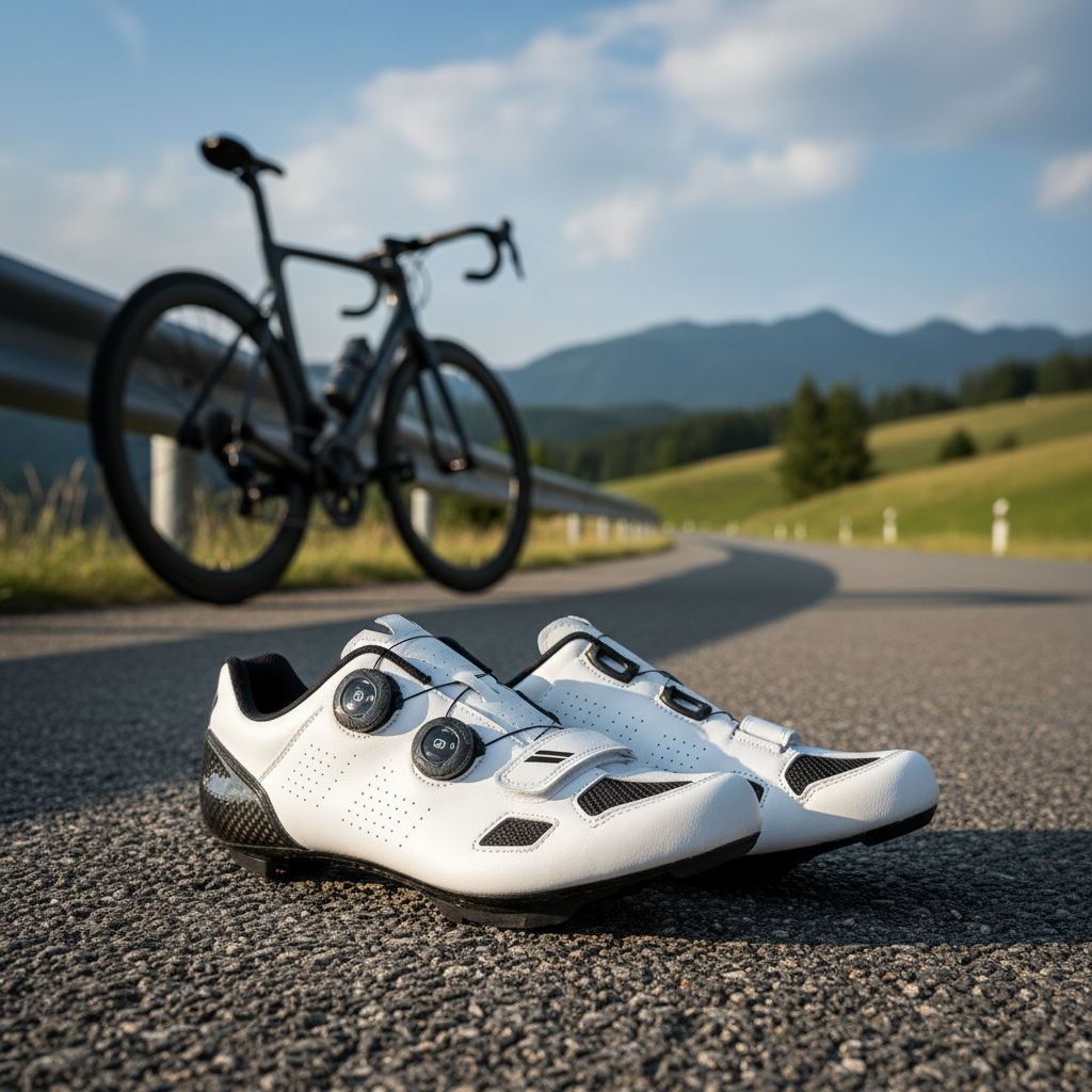 Top road cycling shoes on tarmac, with bike and scenic background—gear guide for cycling enthusiasts.