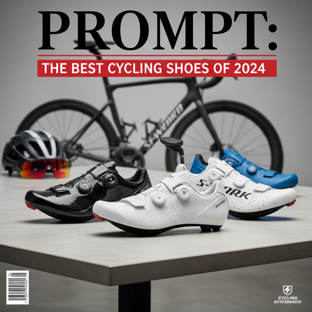 alt_text Premium cycling shoes from top brands showcased on a modern cover with blurred road bike background.