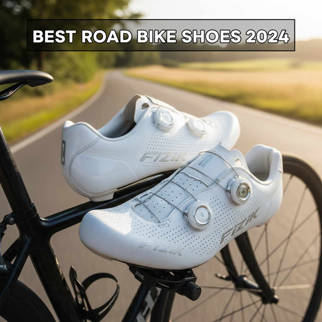Best Road Bike Shoes 2024: Premium cycling shoes on a pedal, sunlit road, speed, and adventure vibes.