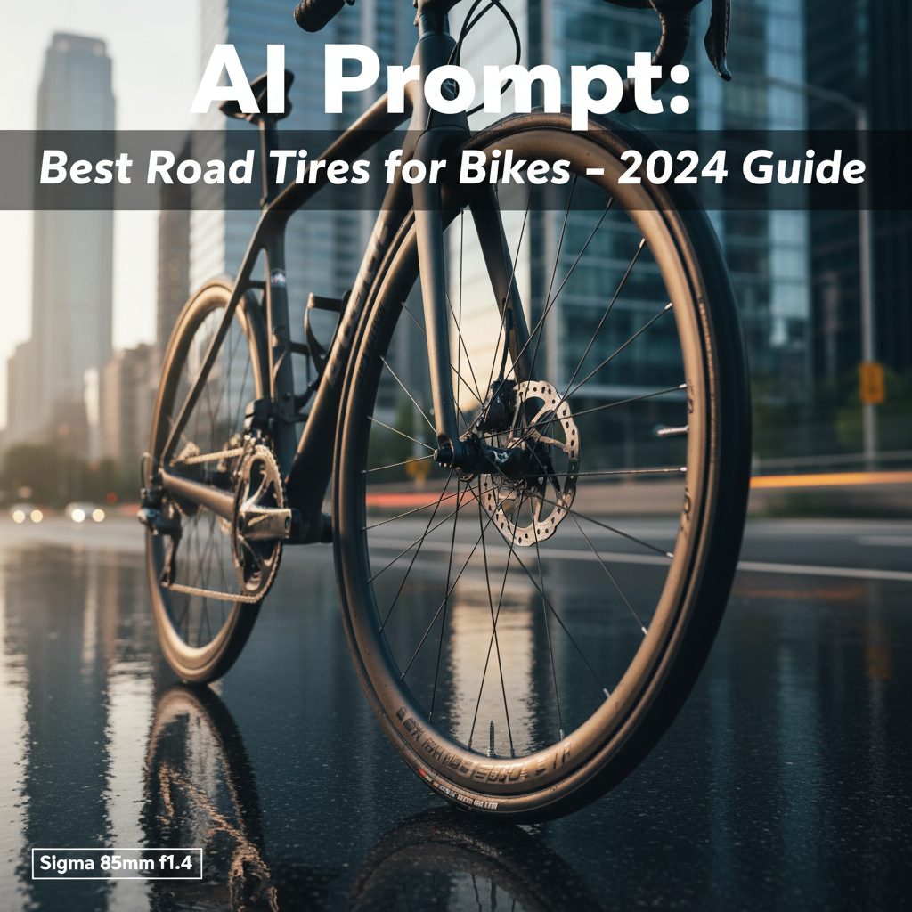 Best Road Tires for Bikes – 2024 Guide: Close-up of a modern road bike on glossy asphalt, urban backdrop.