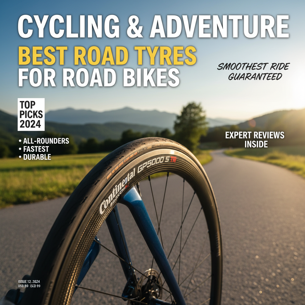 Close-up of road bike tire on scenic road; magazine cover with top tyre picks and expert cycling reviews.