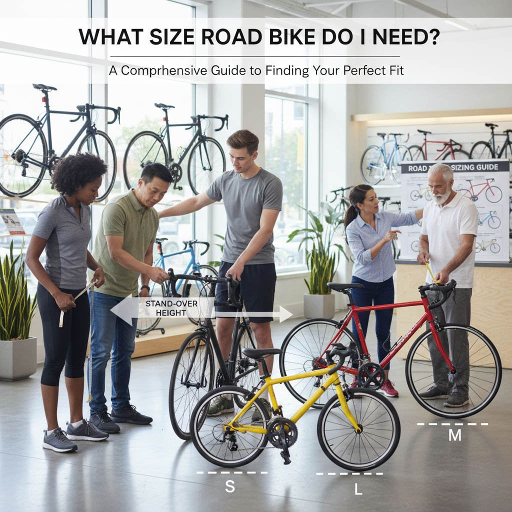 Adults of all backgrounds compare and measure road bike sizes, highlighting how to choose the right fit.