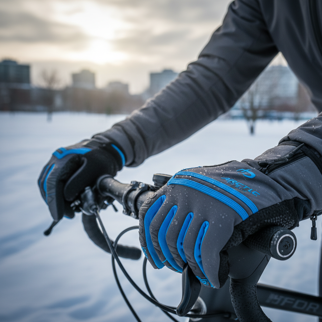 alt_text: Cyclist wearing insulated winter gloves grips handlebars, snow in background, gloves’ features highlighted.