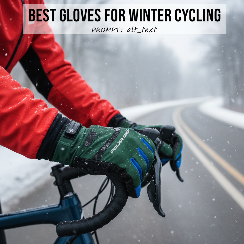 alt_text Close-up of insulated cycling gloves gripping handlebars, cyclist on snowy road, winter gear highlighted.
