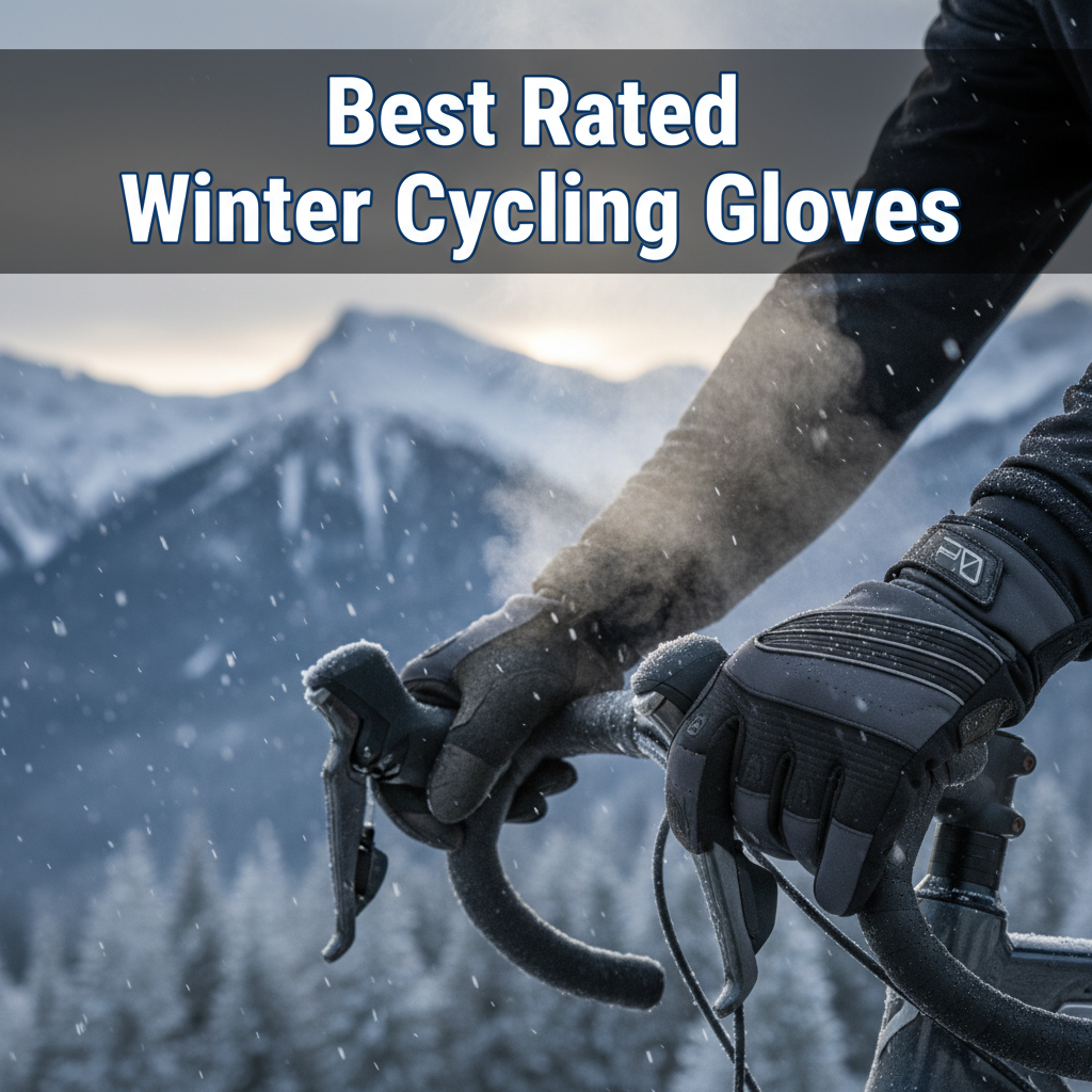 Best Rated Winter Cycling Gloves—close-up of gloved cyclist hands riding in a snowy, wintry landscape.