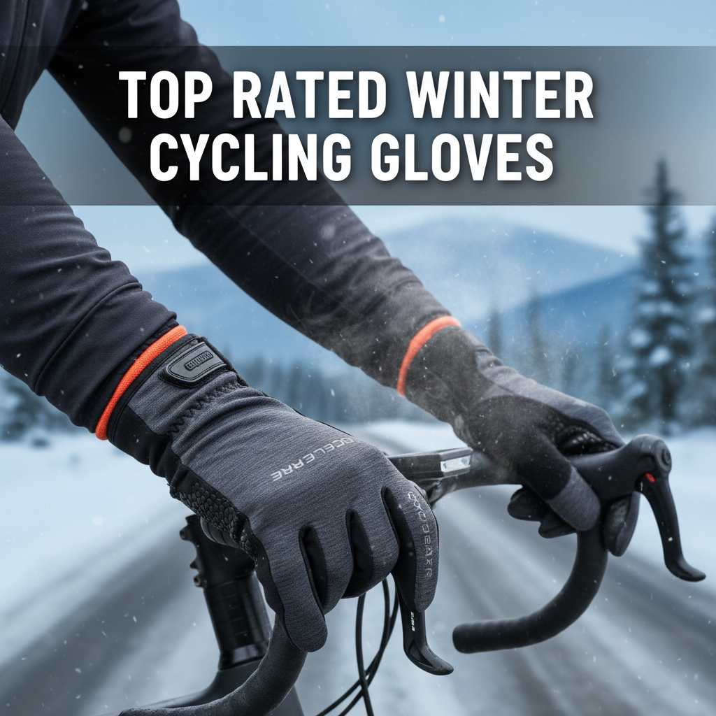 Cyclist’s hands in winter gloves gripping handlebars, snowy background, headline: Top Rated Winter Cycling Gloves