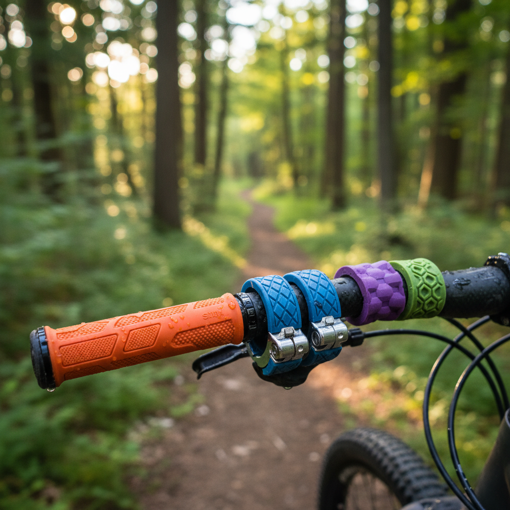 Close-up of colorful mountain bike handlebar grips with a scenic forest and dirt trail in the background.