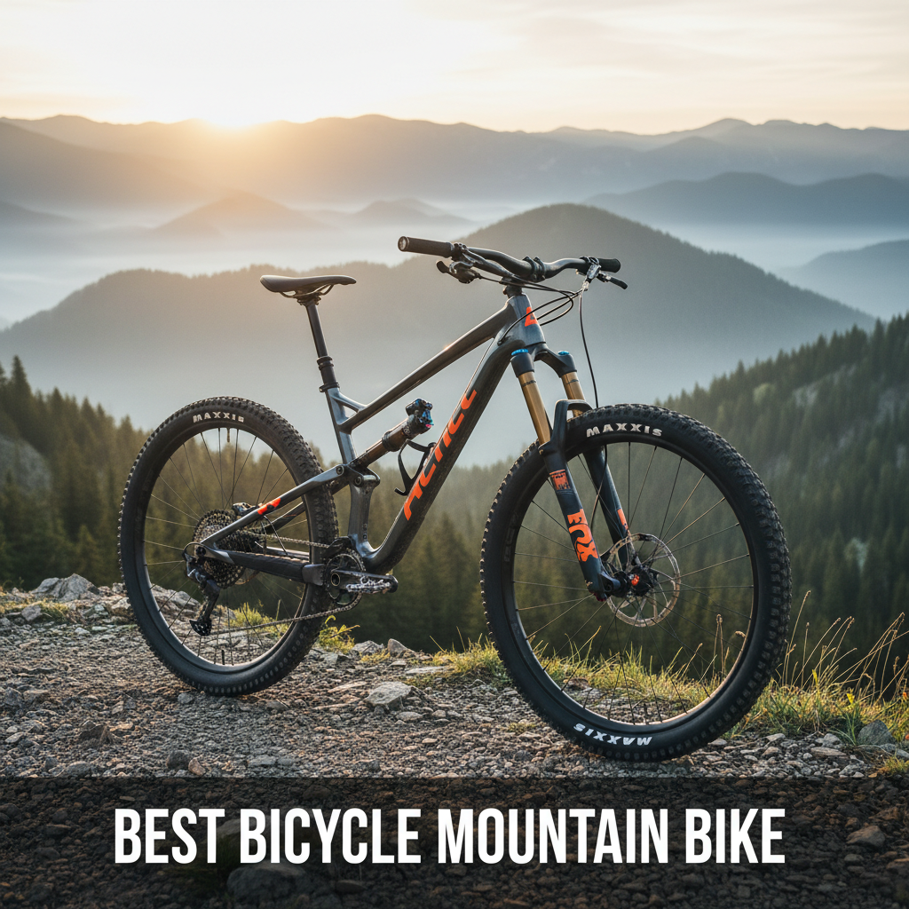 alt_text High-end mountain bike on a rocky sunrise trail, with misty mountains and pine forest in the background.