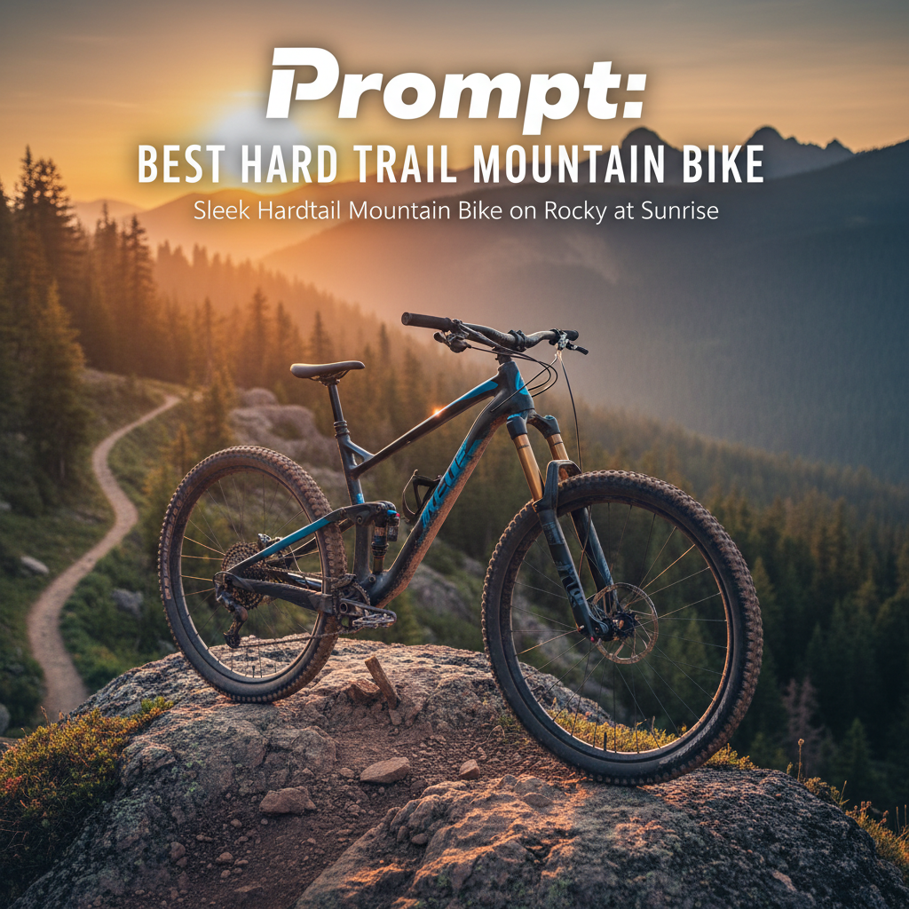 Sleek hardtail mountain bike on rocky trail at sunrise, capturing bold mountain adventure vibes.