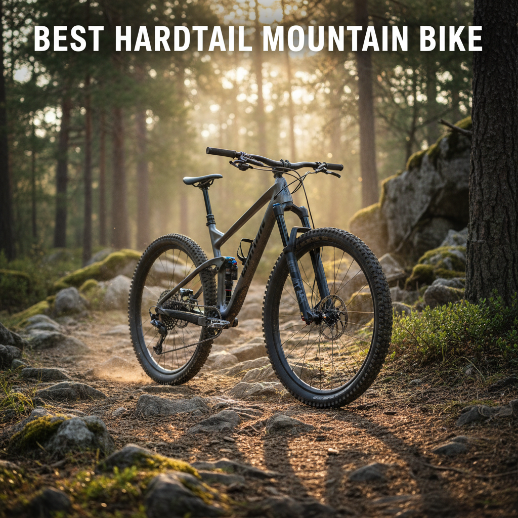 Cutting-edge hardtail mountain bike on a rugged forest trail at sunrise, bathed in inspiring morning light.