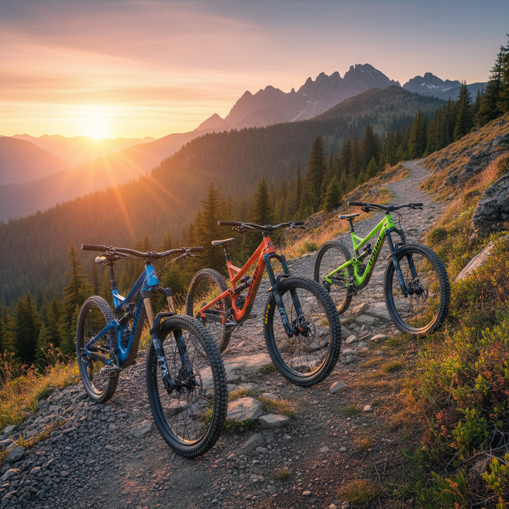 Full-suspension mountain bikes on a sunrise trail with dramatic peaks, showcasing advanced designs.
