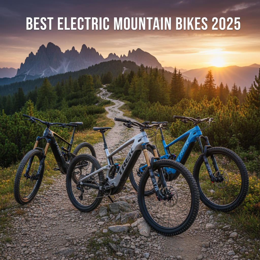Best Electric Mountain Bikes 2025 lineup on a rugged sunrise trail, showcasing innovation and adventure.