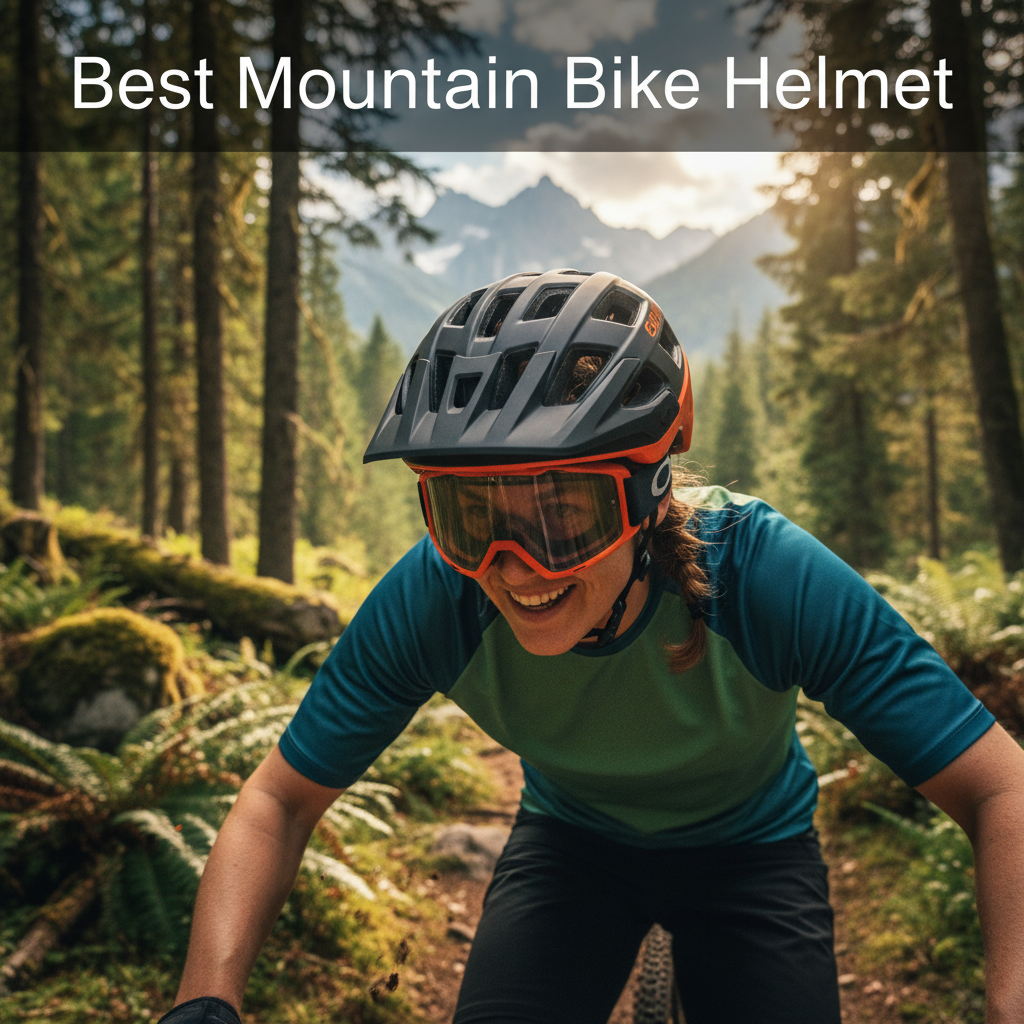 Cyclist wearing a modern mountain bike helmet on a lush forest trail with mountains in the background.