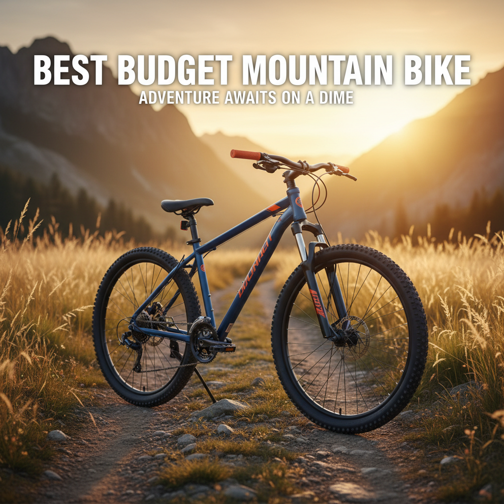 A vibrant budget mountain bike stands on a rugged sunrise trail, promising adventure and reliability.