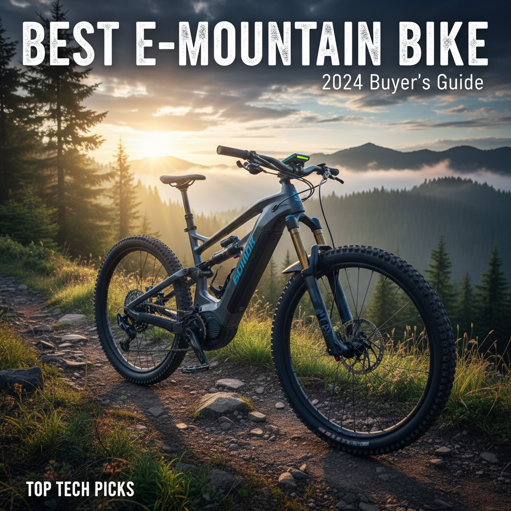 Best e-mountain bike on a rugged sunrise trail, bold cover lines, adventure, and top tech features.