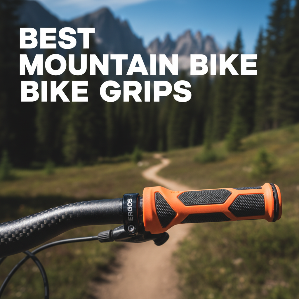 Close-up of vivid, textured mountain bike grips against scenic trails, titled “Best Mountain Bike Grips.”