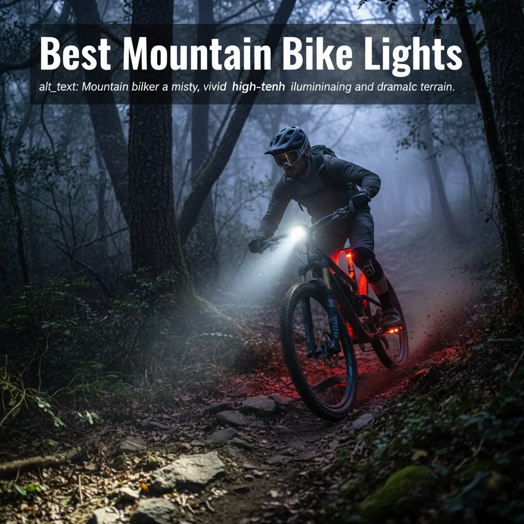 alt_text Mountain biker rides a misty dusk trail, vivid high-tech lights illuminating forest and dramatic terrain.