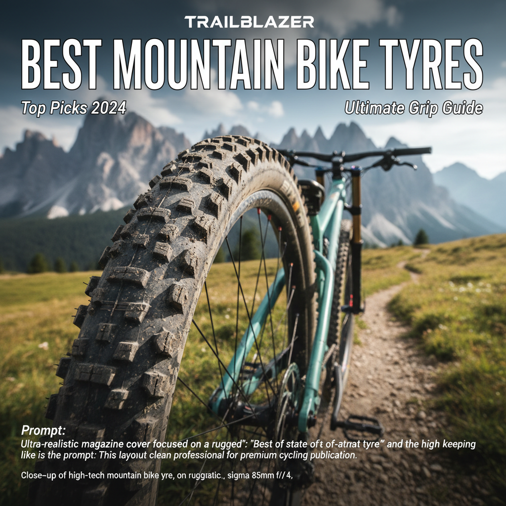 alt_text: Close-up of high-tech mountain bike tyre on rugged trail, with "Top Picks 2024" text overlay.
