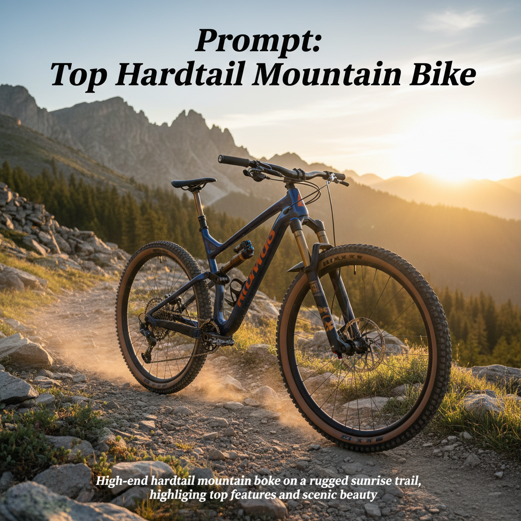 High-end hardtail mountain bike on a rugged sunrise trail, highlighting top features and scenic beauty.