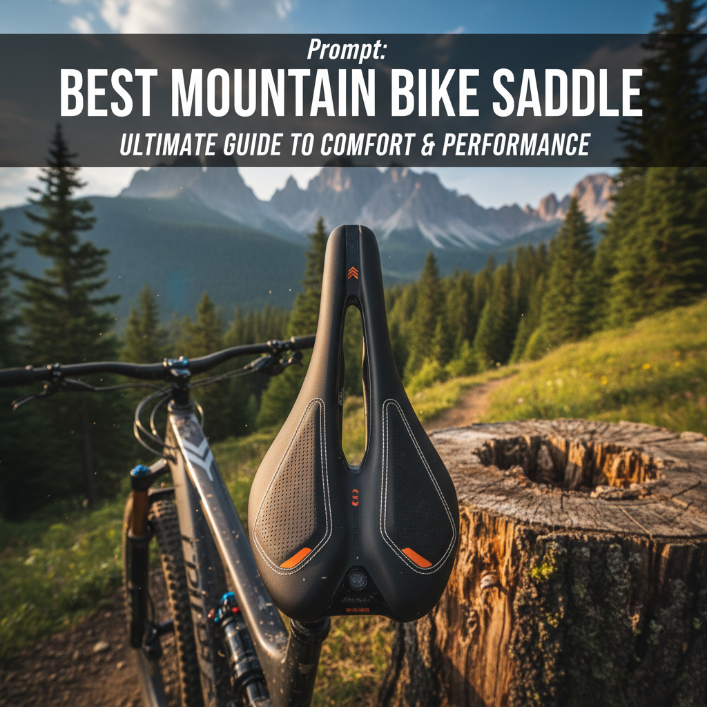 Close-up of a premium mountain bike saddle against a scenic trail, highlighting comfort and adventure.