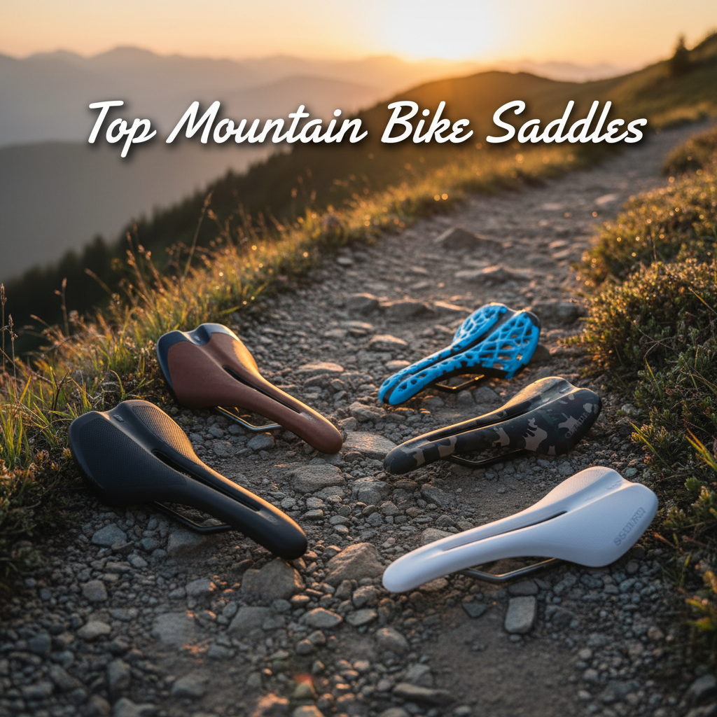 Top mountain bike saddles of 2024 arranged outdoors on a mountain trail at sunrise, ready for adventure.