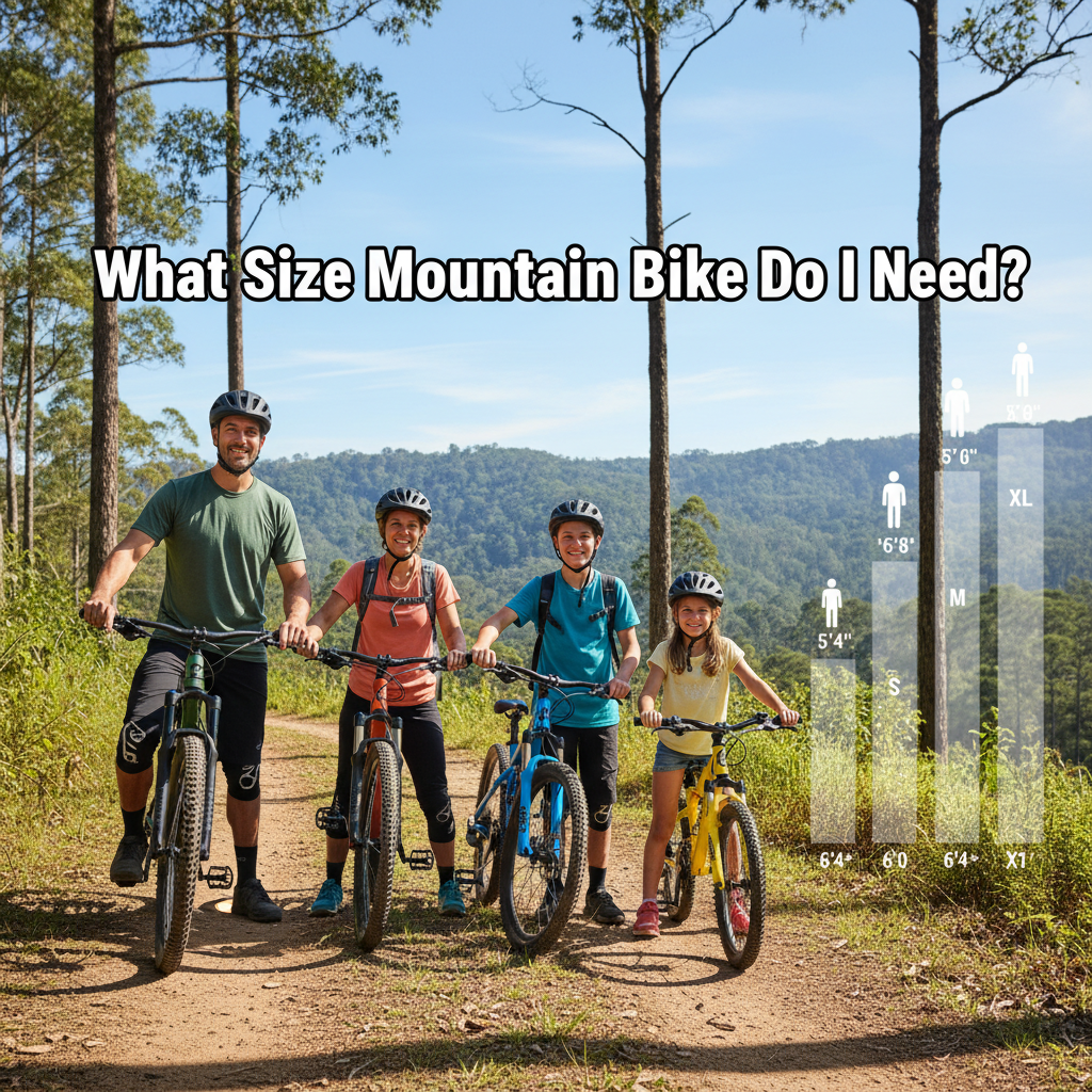 A diverse group with mountain bikes of various sizes, plus a chart on what size bike fits your height.