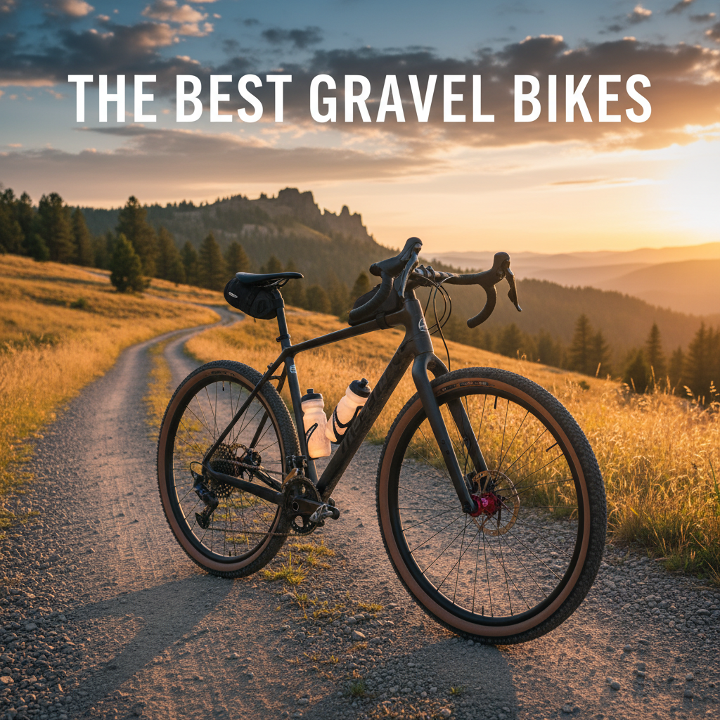 High-end gravel bike on a scenic trail at sunrise, evoking adventure. "The Best Gravel Bikes" overlay.