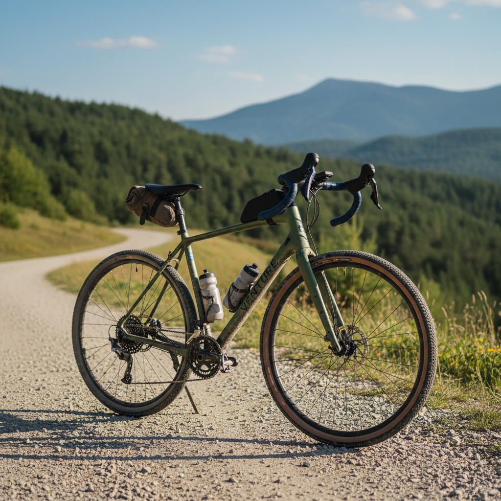 A modern gravel bike on a scenic road with hills and trees, ready for adventure and exploration.