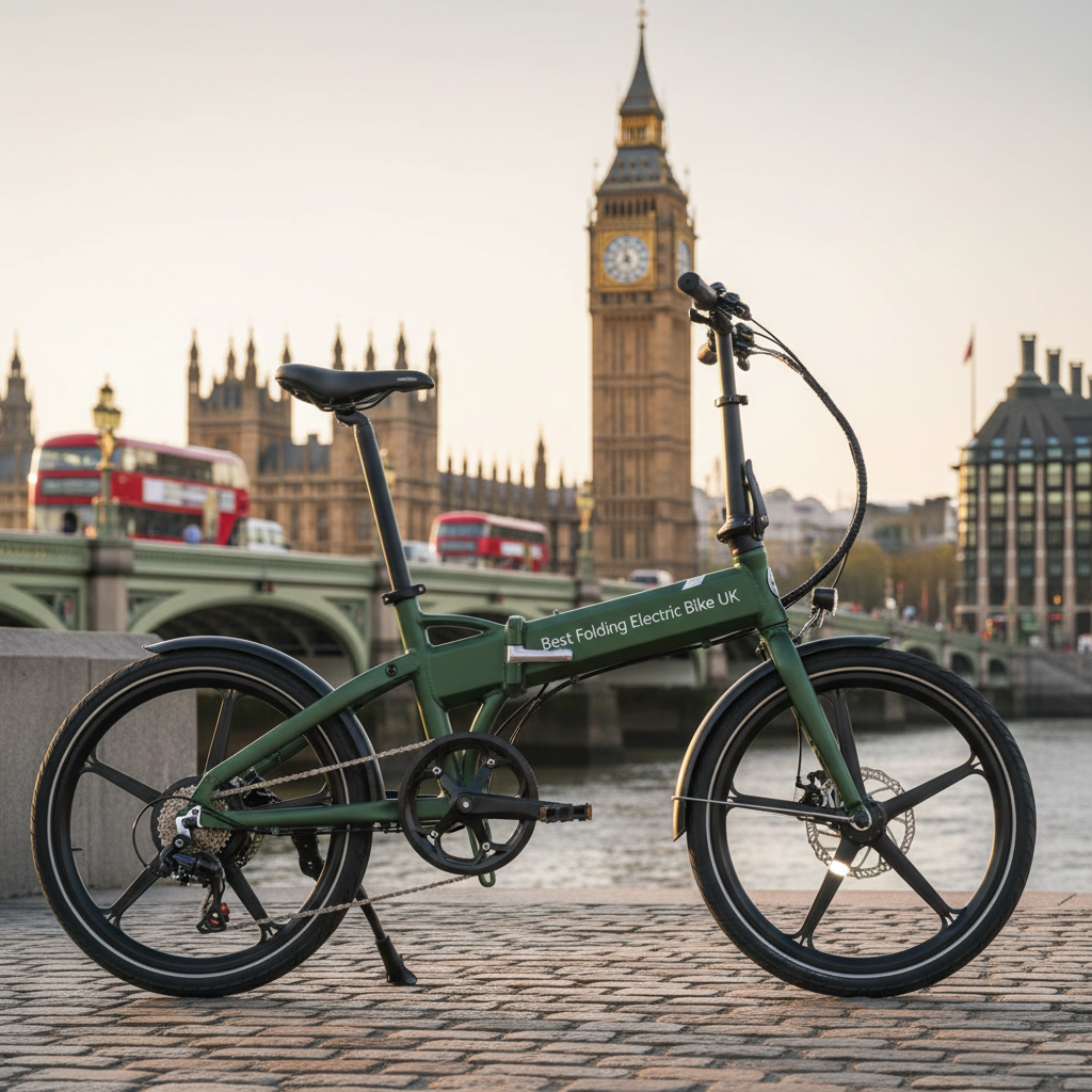 Stylish folding electric bike partially folded, set against the London skyline; compact, modern, British.