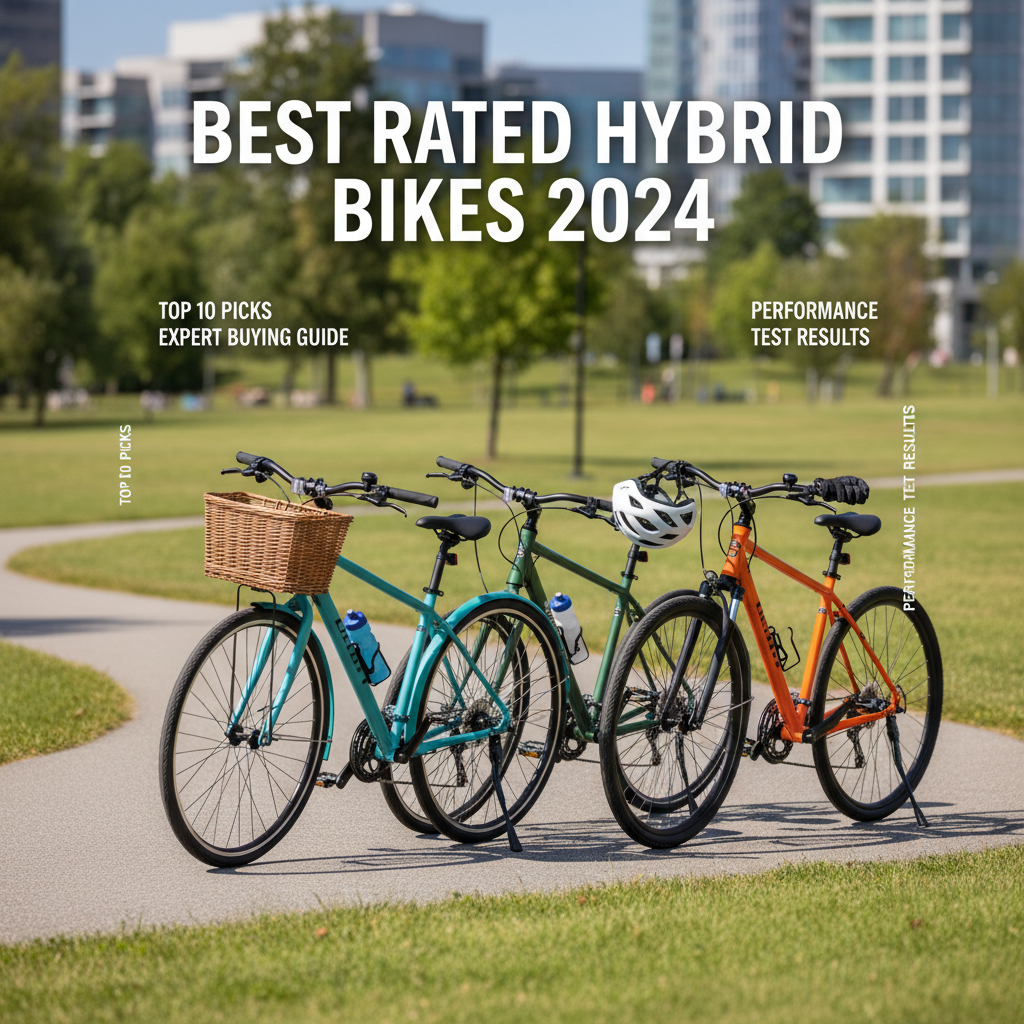 Best Rated Hybrid Bikes 2024 cover: top bikes in a city park, gear details, expert picks, and test results