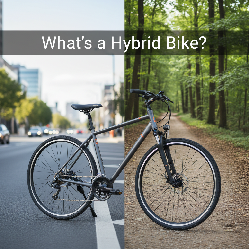 A versatile hybrid bike on city street and gravel trail shows its dual urban and off-road capabilities.