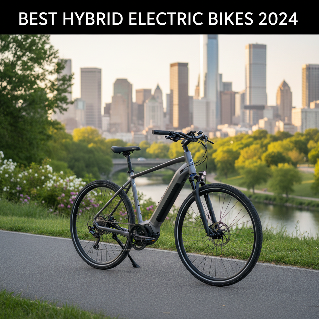 Best Hybrid Electric Bikes 2024: sleek e-bike on urban path, city skyline, green nature, modern design