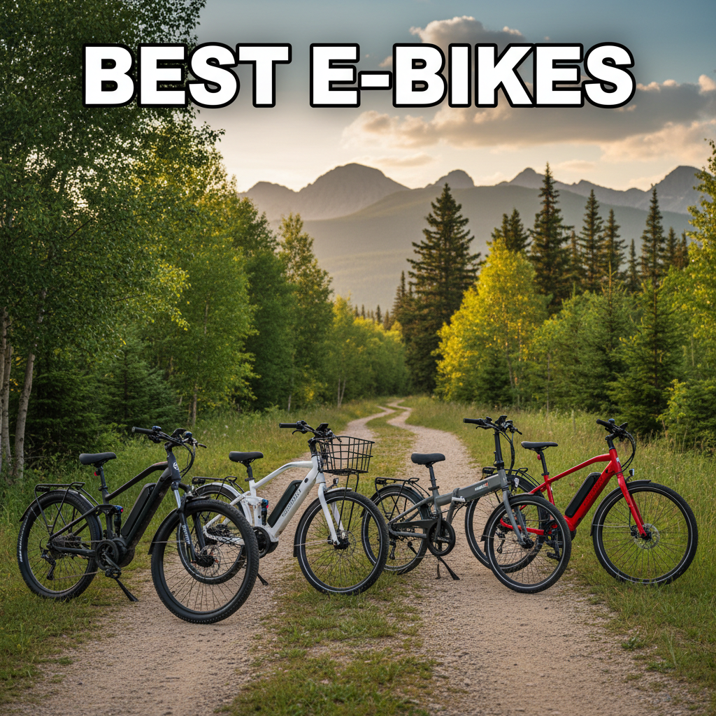 alt_text Lineup of modern e-bikes on a scenic trail with "Best E-Bikes" title and a mountain backdrop.