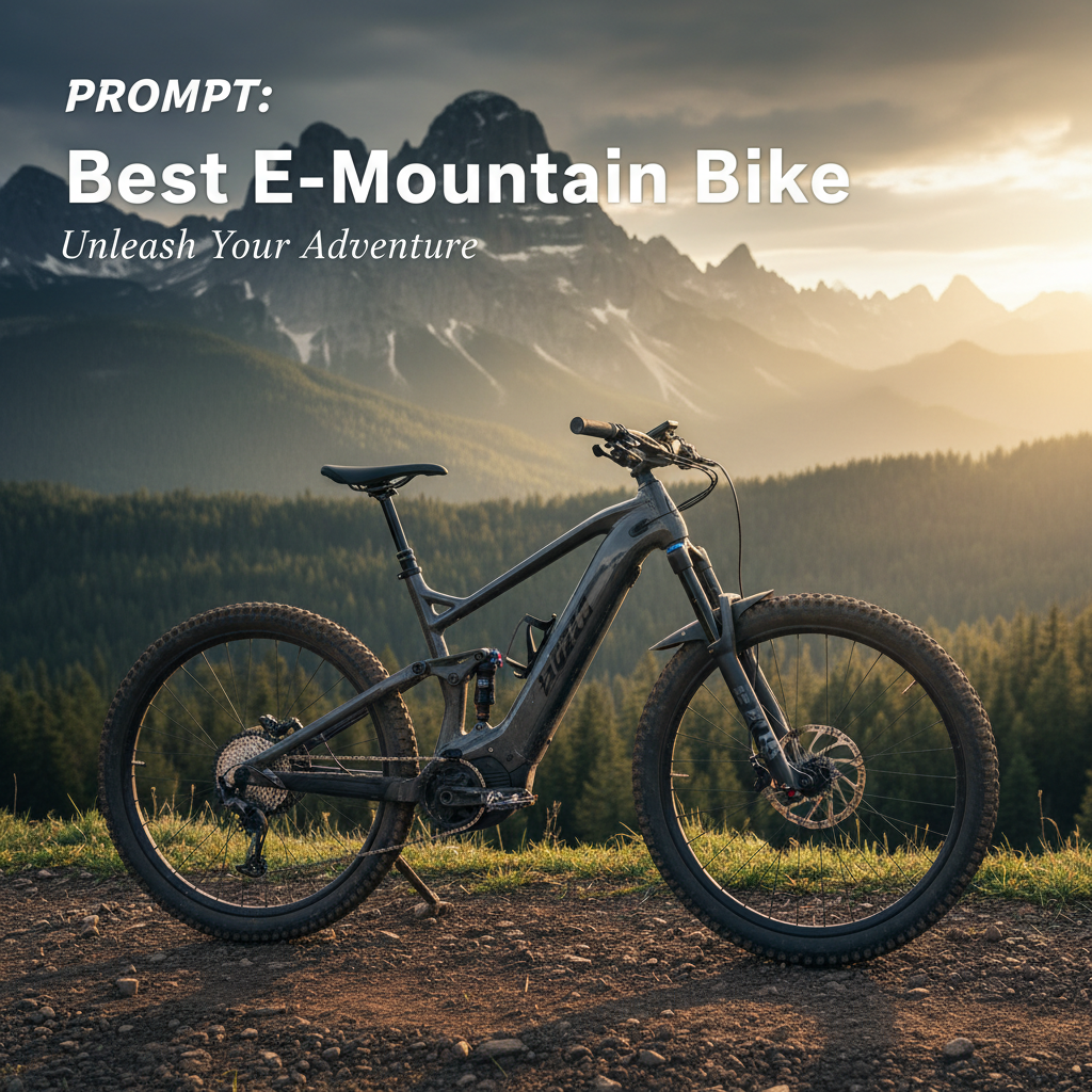 A cutting-edge electric mountain bike on a sunrise trail, framed by peaks and lush forests.