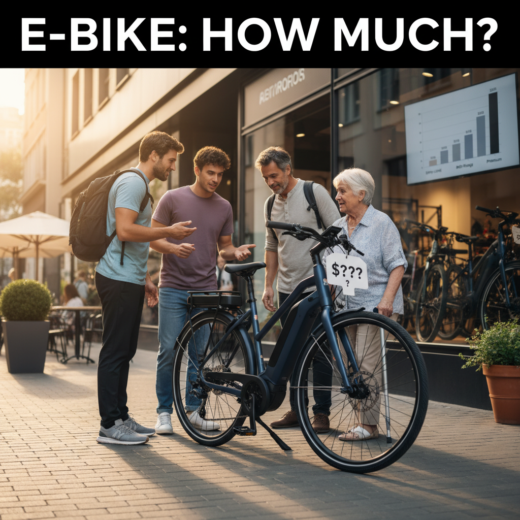 alt_text: Curious shoppers eye a modern e-bike with a price tag showing “$???” on a lively city sidewalk.