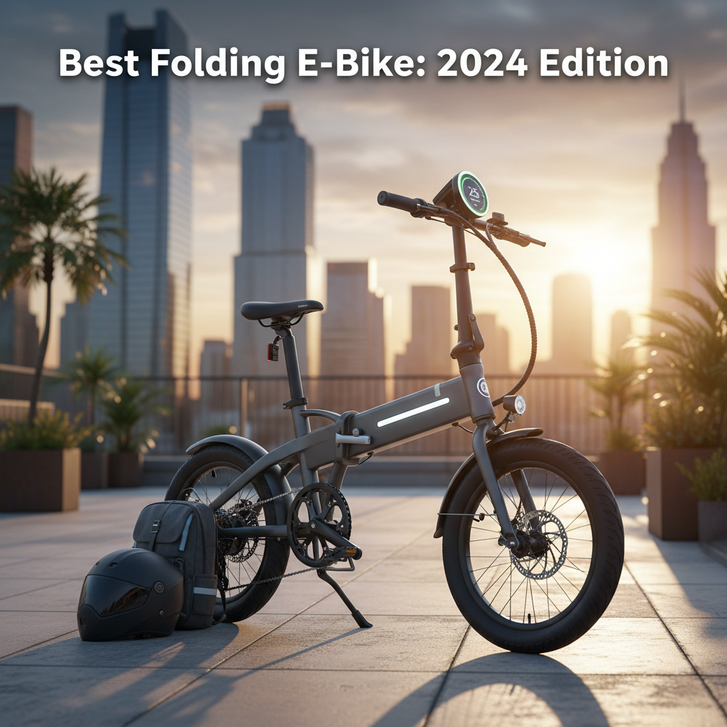 Best Folding E-Bike 2024 cover with a sleek electric bike, city backdrop, and travel accessories.