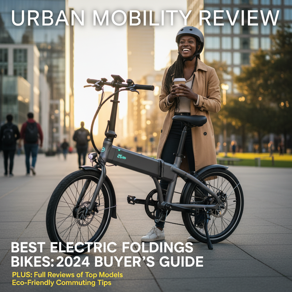 Sleek electric folding bike, urban commuter, sunrise cityscape—'Best Electric Folding Bikes: 2024 Guide'