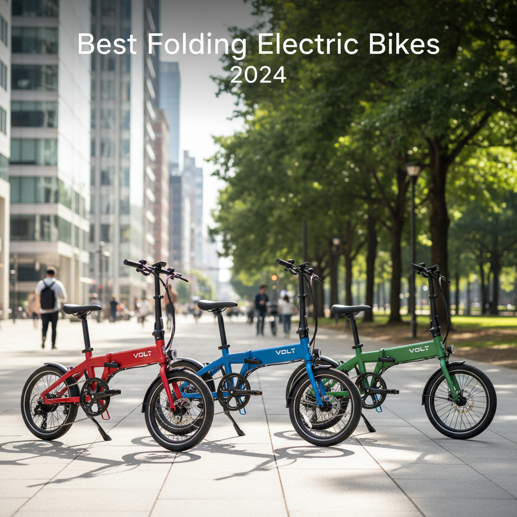 Best folding electric bikes of 2024 displayed on a city sidewalk, highlighting compact and modern design.
