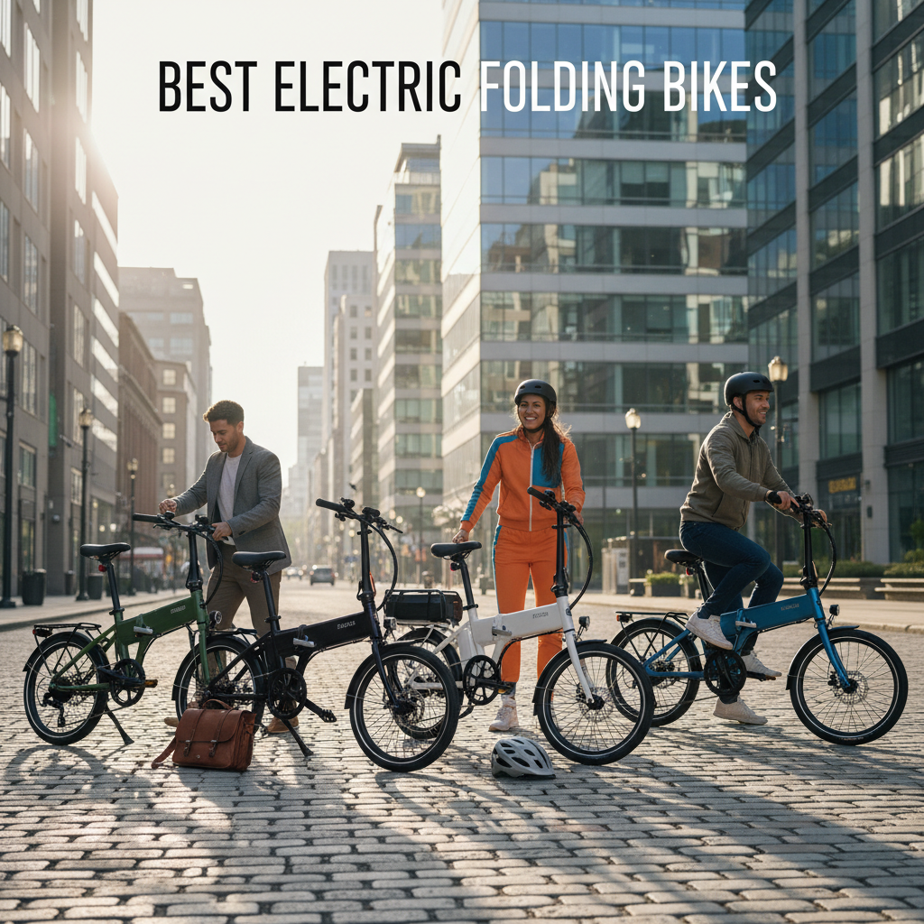 alt_text Stylish electric folding bikes on a city street, with commuters folding, showing compact, eco-friendly design.