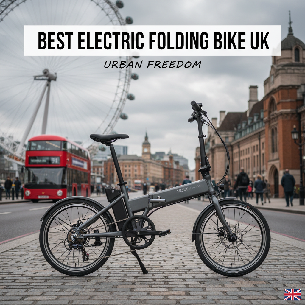 Modern electric folding bike by London landmark, with cityscape, double-decker bus, and cloudy sky.