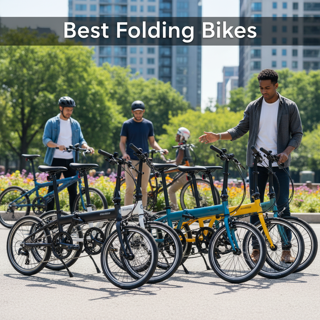 A lineup of modern folding bikes in a city park, folded and unfolded, with “Best Folding Bikes” title.